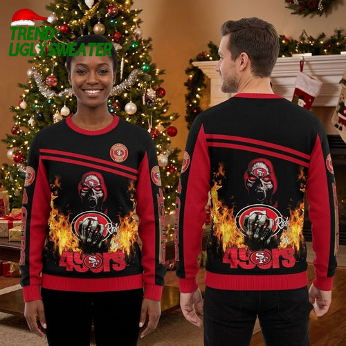 San Francisco 49ers Flaming Skull And Fist Ugly Christmas Sweater
