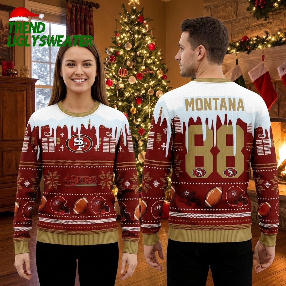 San Francisco 49ers Football Helmet And Snowflake Ugly Christmas Sweater