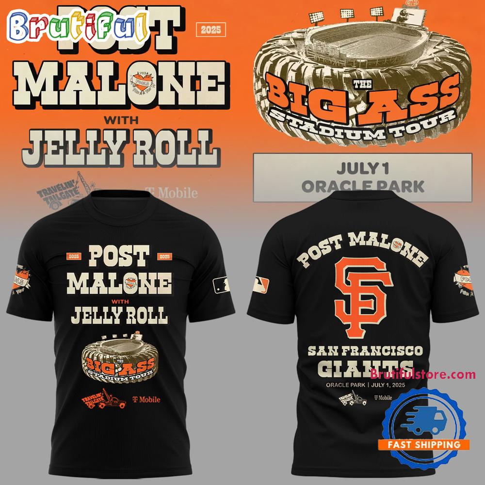 San Francisco Giants MLB 2025 x Post Malone Big Ass Stadium Tour 2025 Black Hoodie T-Shirt