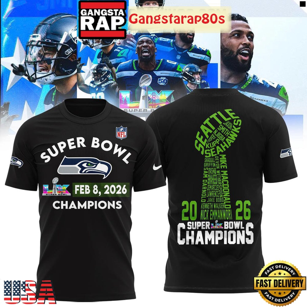 Seattle Seahawks 2026 Champions Super Bowl LX Black 3D Shirt