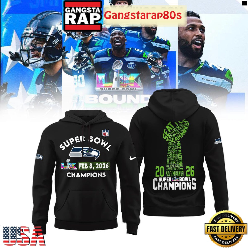 Seattle Seahawks 2026 Champions Super Bowl LX Black Hoodie Shirt