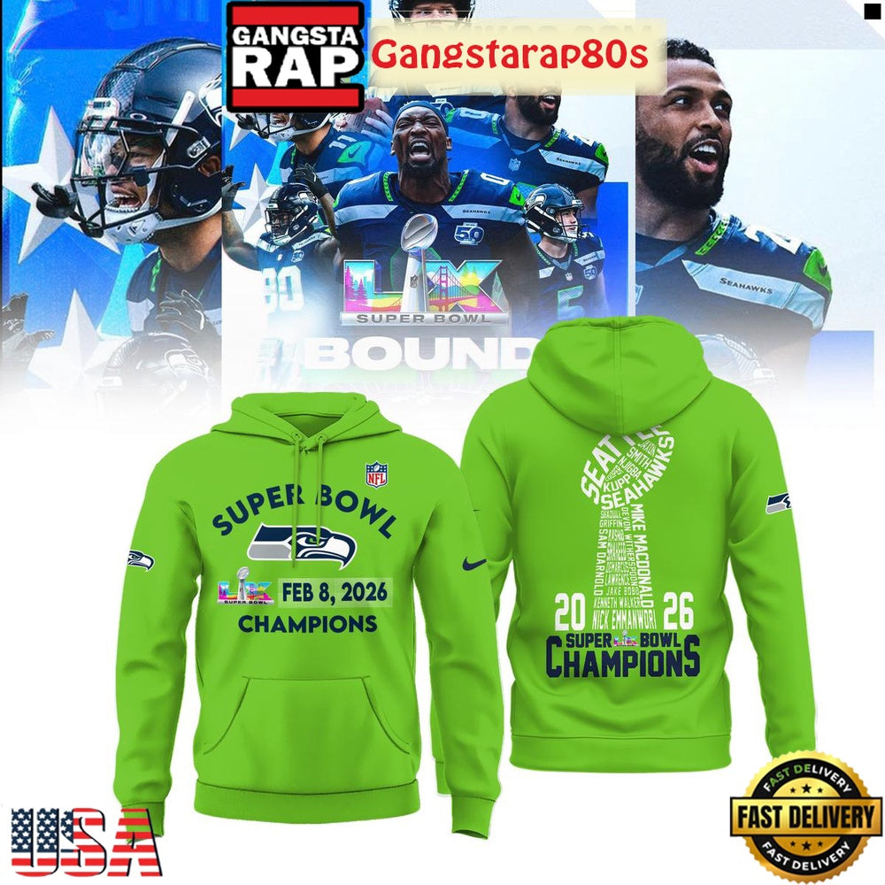 Seattle Seahawks 2026 Champions Super Bowl LX Green Hoodie Shirt
