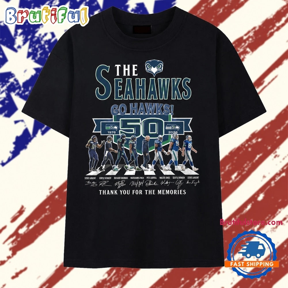 Seattle Seahawks 50th Anniversary 1976 2026 Legends Walking Signatures T Shirt