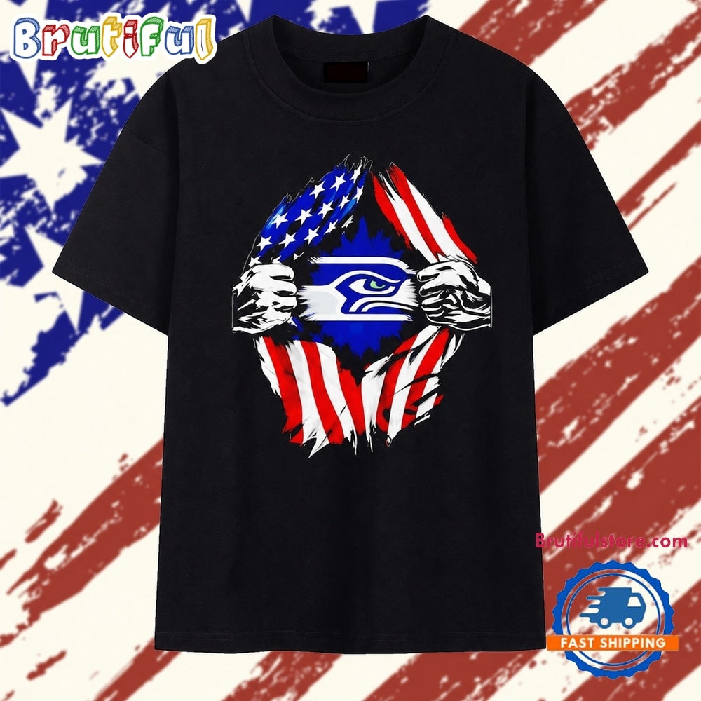 Seattle Seahawks American flag ripped chest T Shirt
