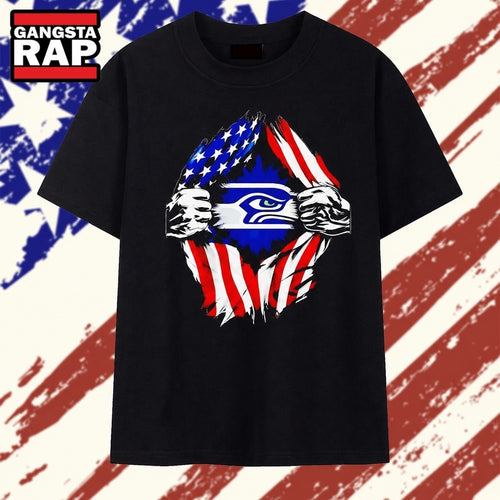 Seattle Seahawks American flag ripped chest T Shirt