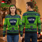 Seattle Seahawks Custom Name Football Helmet Ugly Christmas Sweater