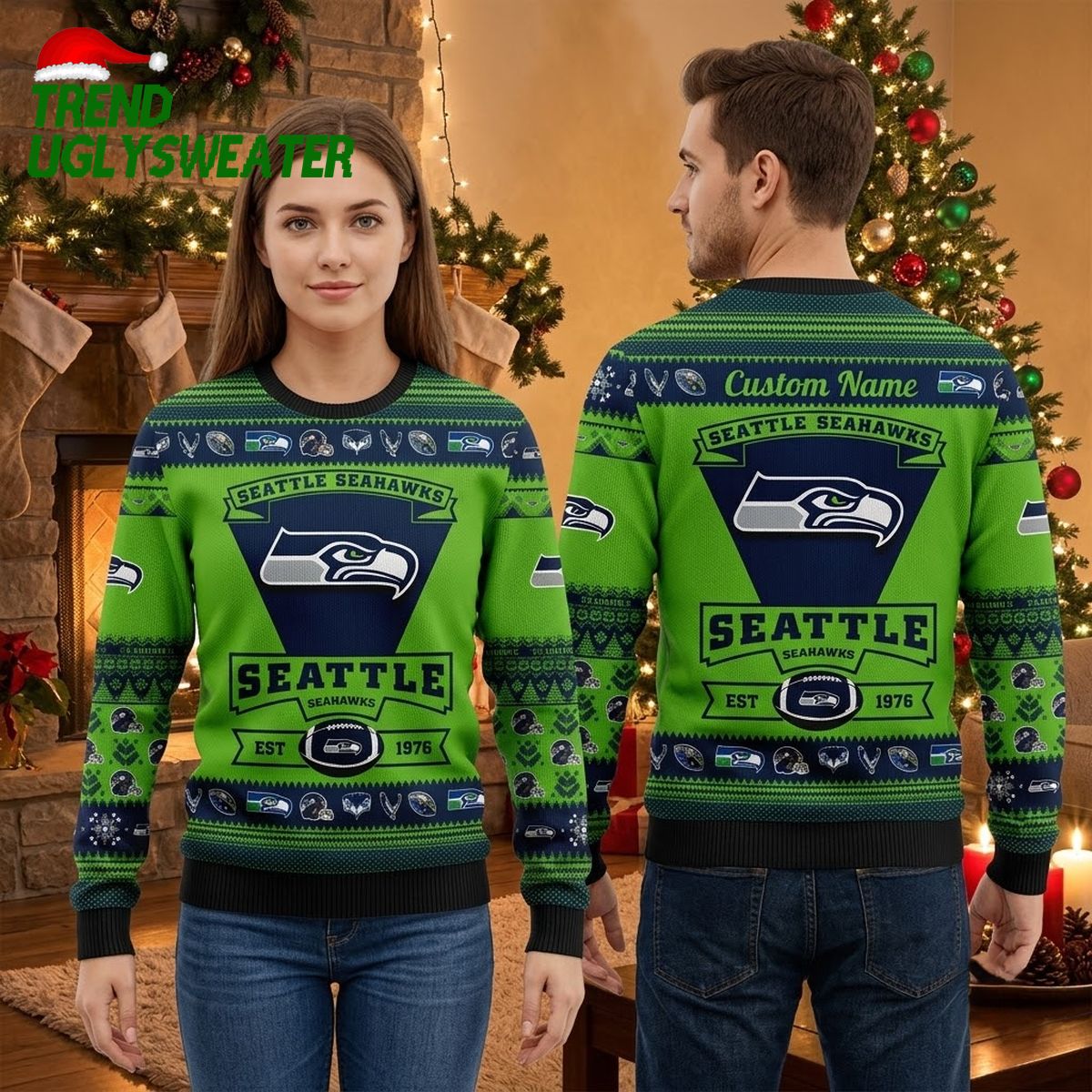 Seattle Seahawks Custom Name Football Helmet Ugly Christmas Sweater