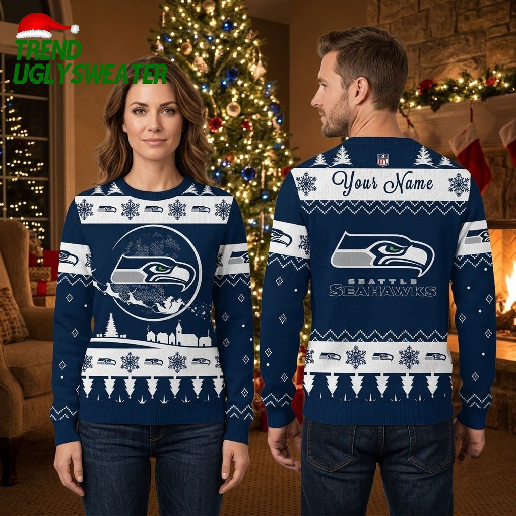 Seattle Seahawks Custom Name Santa Sleigh Ugly Christmas Sweater