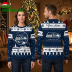 Seattle Seahawks Custom Name Santa Sleigh Ugly Christmas Sweater