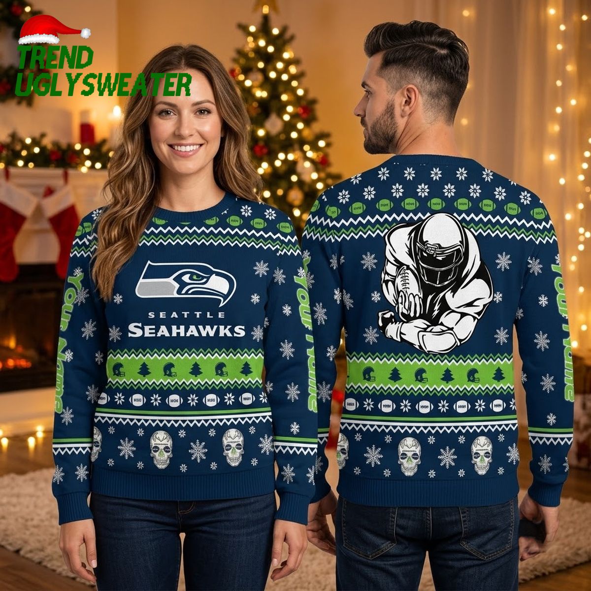 Seattle Seahawks Football Player Skull Snowflake Ugly Christmas Sweater