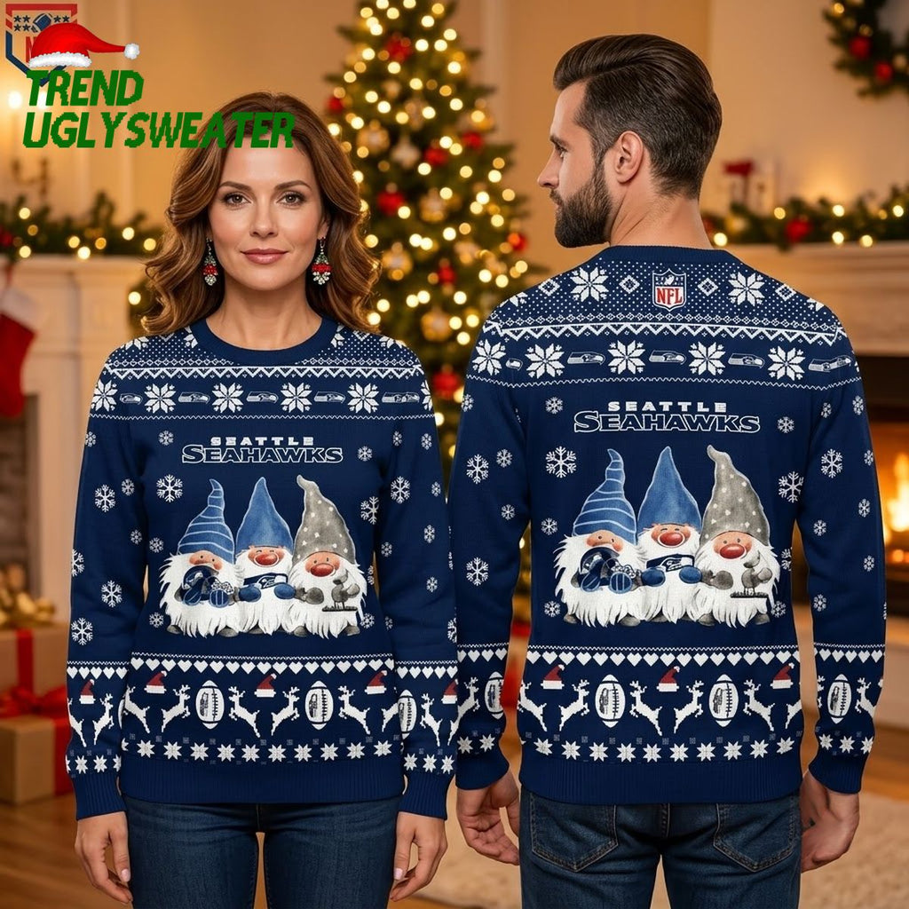 Seattle Seahawks Gnome Trio Snowflake Football Ugly Christmas Sweater
