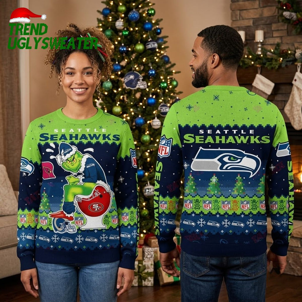 Seattle Seahawks Grinch Holding Football Helmets Ugly Christmas Sweater