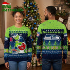 Seattle Seahawks Grinch Holding Football Helmets Ugly Christmas Sweater