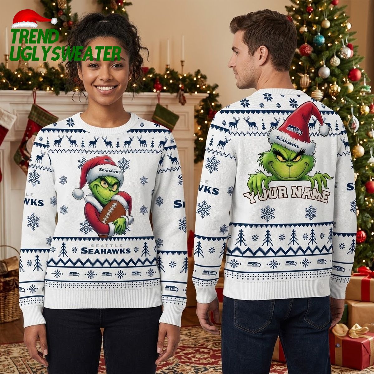 Seattle Seahawks Grinch Santa Hat Custom Name Ugly Christmas Sweater