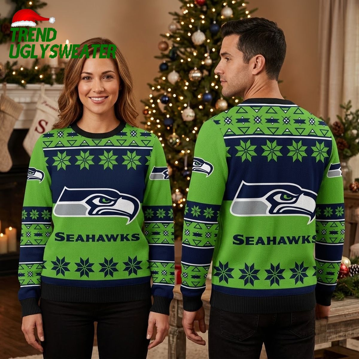 Seattle Seahawks Logo And Snowflake Pattern Ugly Christmas Sweater
