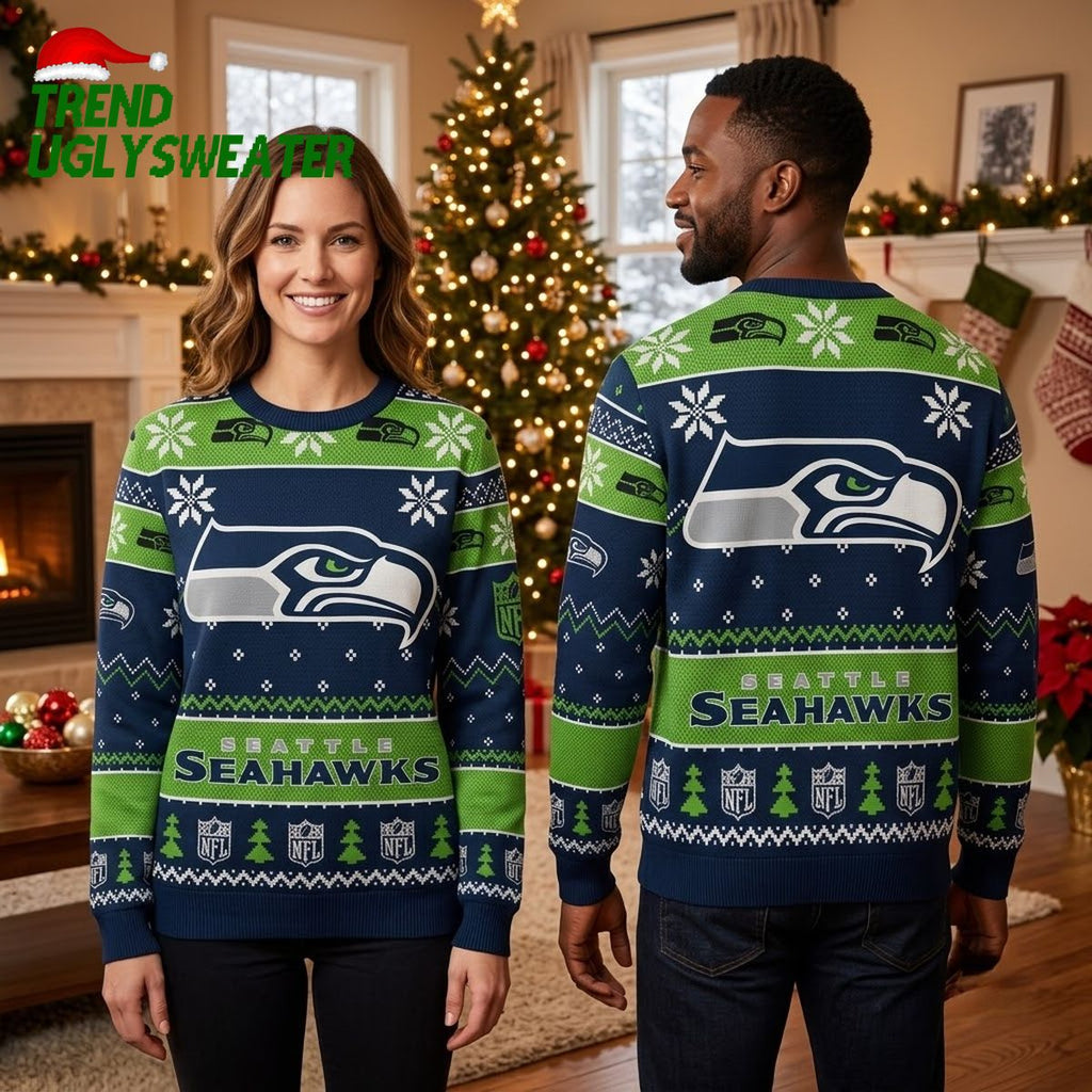 Seattle Seahawks Logo Snowflake Pattern For Seahawks Fans Ugly Christmas Sweater