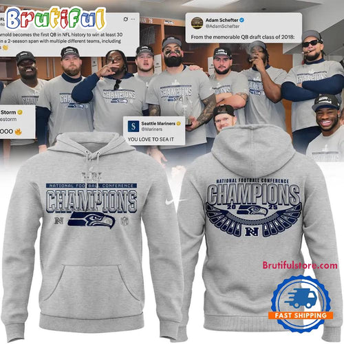 Seattle Seahawks Navy Blue 2025 NFC Champions Locker Room Trophy Collection Hoodie T-Shirt