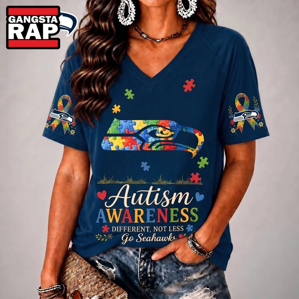 Seattle Seahawks NFL Different, Not Less Autism Awareness V neck T Shirt