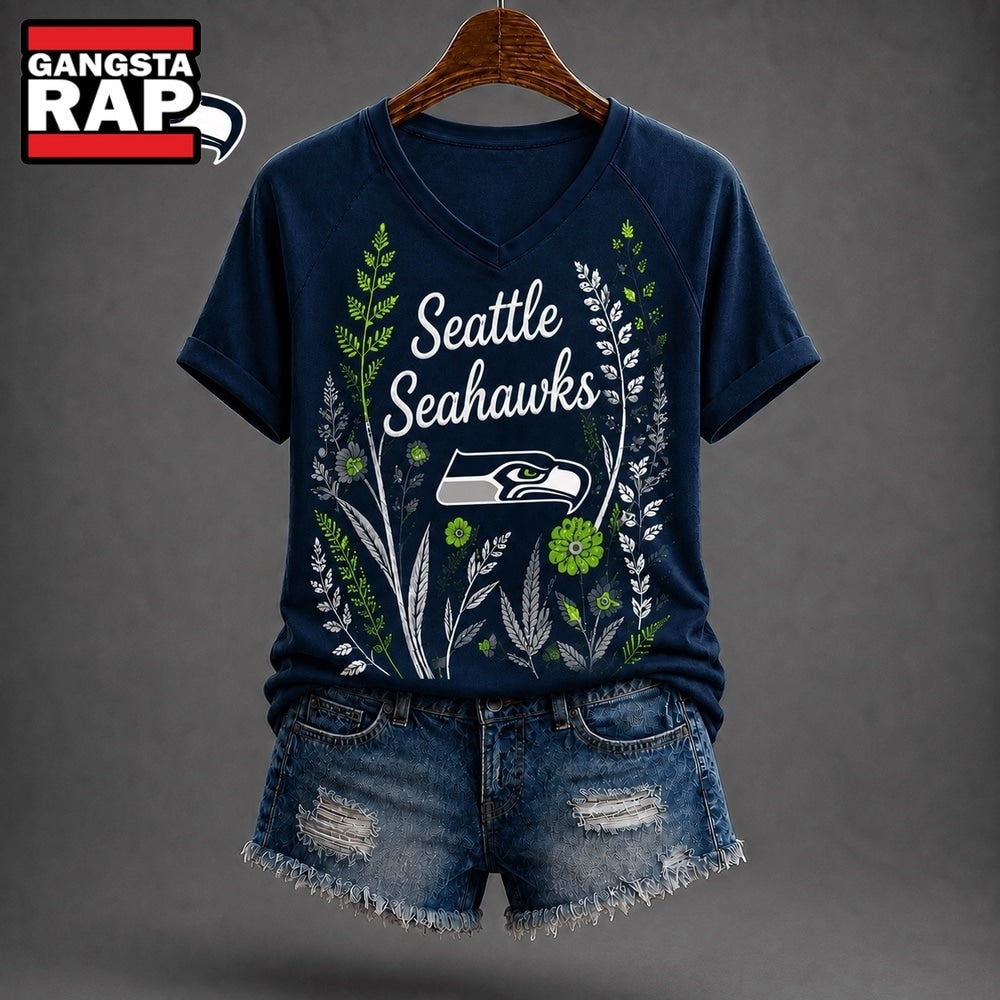 Seattle Seahawks NFL Floral Garden V Neck T Shirt