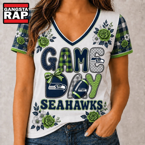 Seattle Seahawks NFL Football Flowers Team Pride V Neck T Shirt