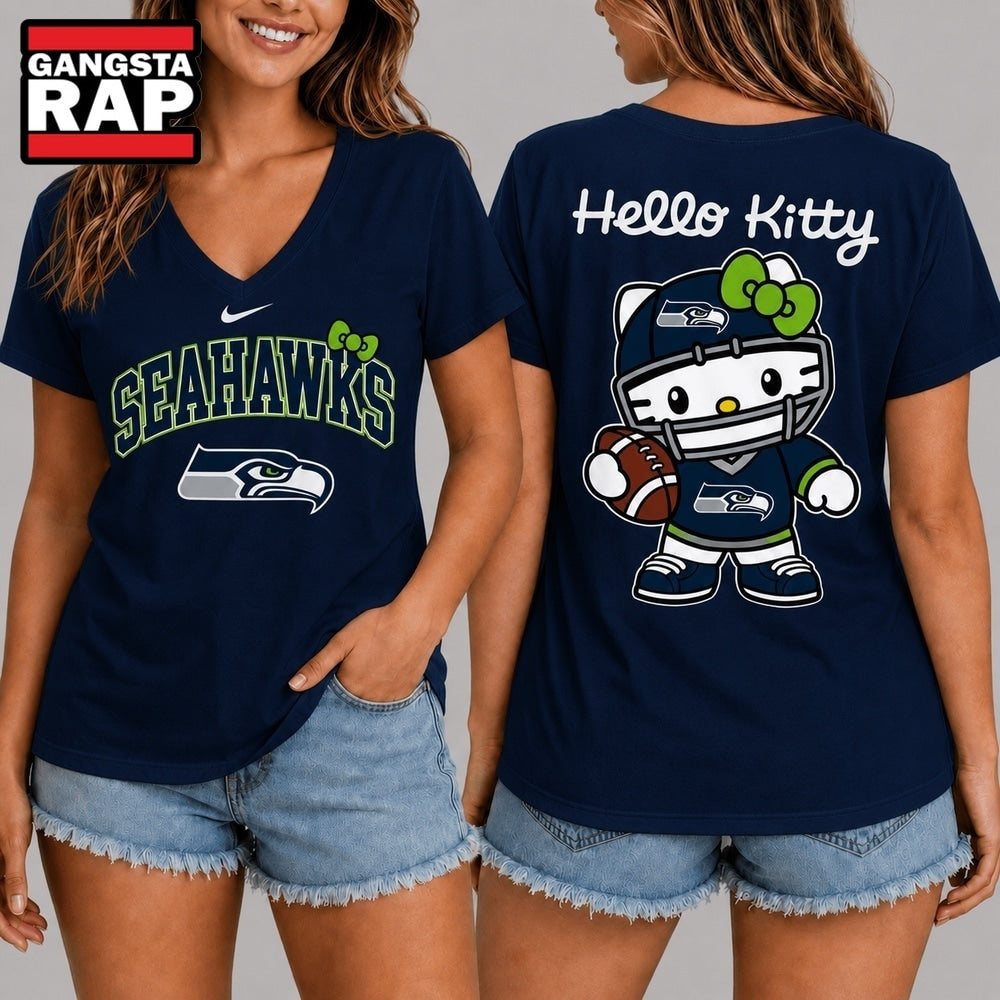 Seattle Seahawks NFL Hello Kitty Football V Neck T Shirt