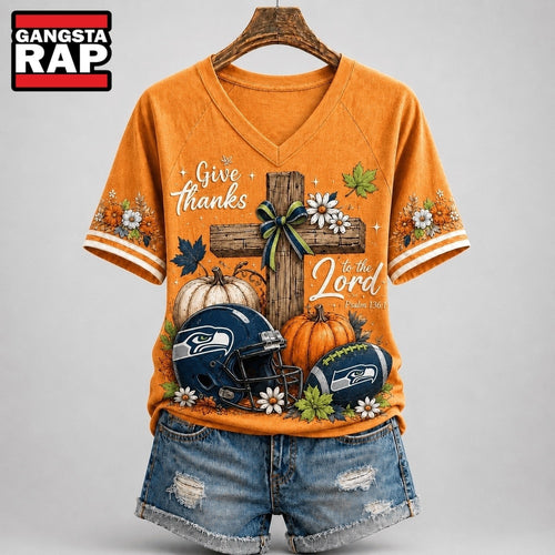 Seattle Seahawks NFL Thanksgiving Faith And Football V Neck T Shirt