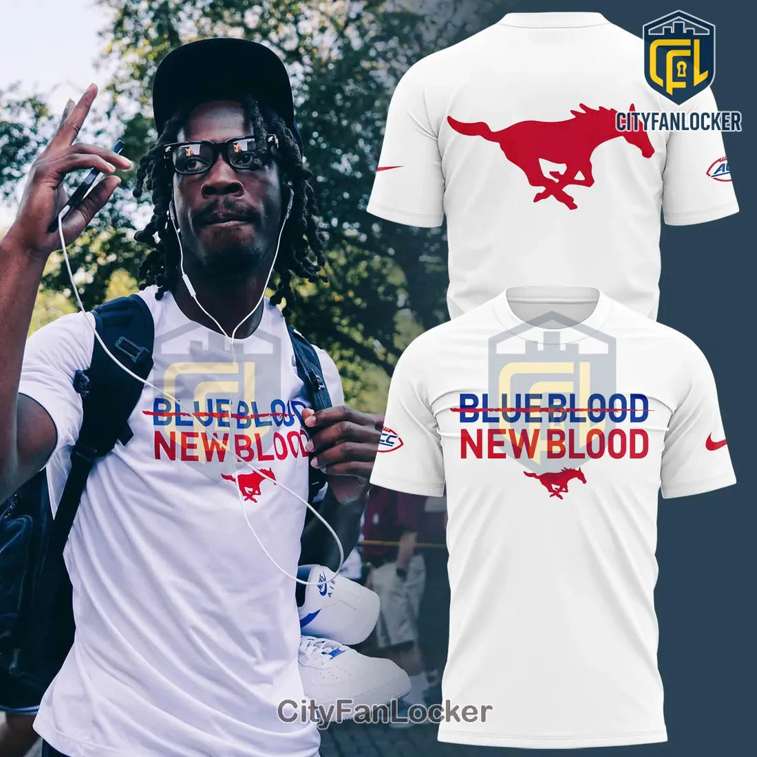 SMU Mustangs Blue Blood New Blood White Hoodie