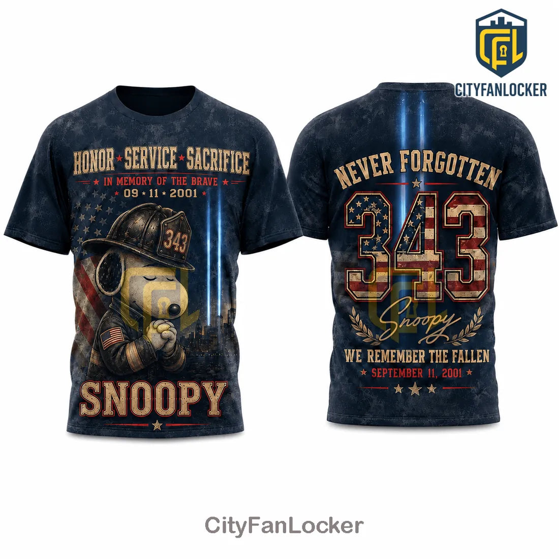 Snoopy 9-11 Memorial Firefighter 343 Tribute T-Shirt