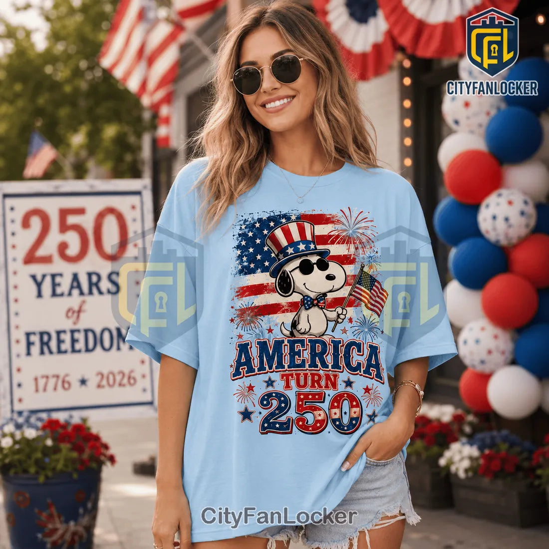 Snoopy America 250 Independence Day Light Blue Shirt