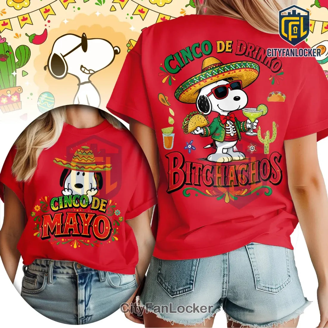 Snoopy Cinco de Mayo Festive Drinko Bitchachos Graphic T-Shirt