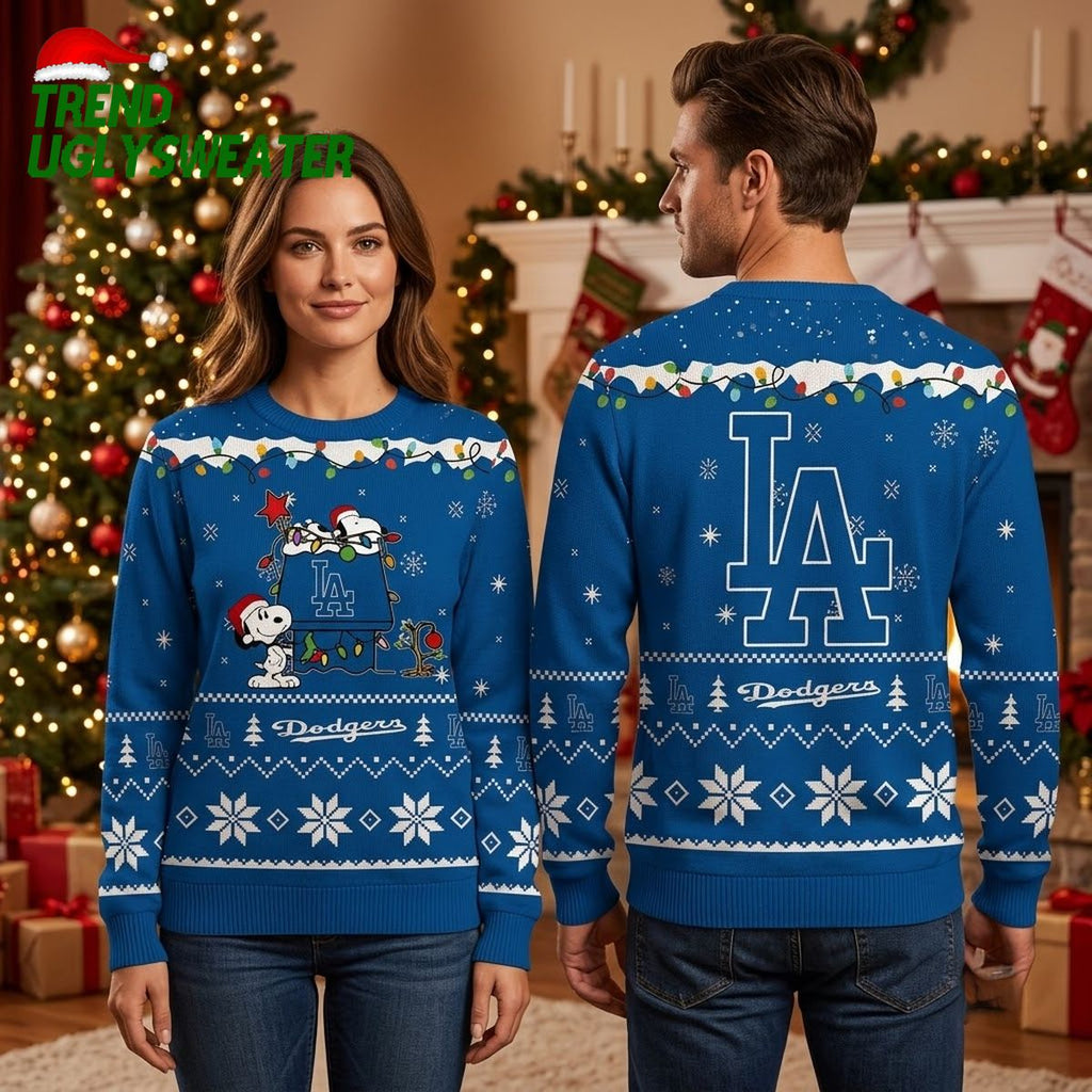 Snoopy Decorating LA Dodgers Logo With Holiday Lights Ugly Christmas Sweater