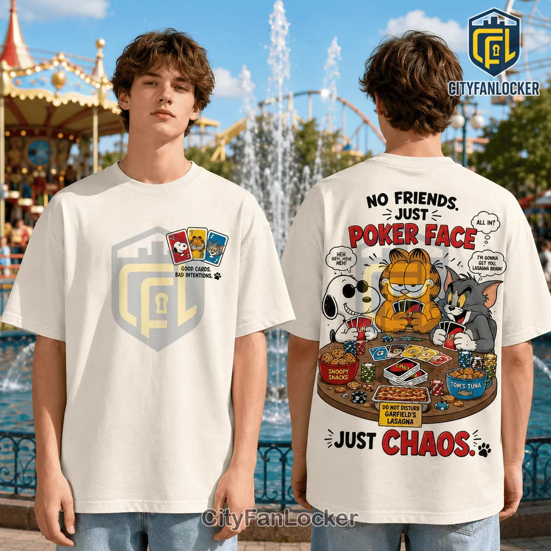 Snoopy Garfield Tom Playing Cards Beige T-Shirt