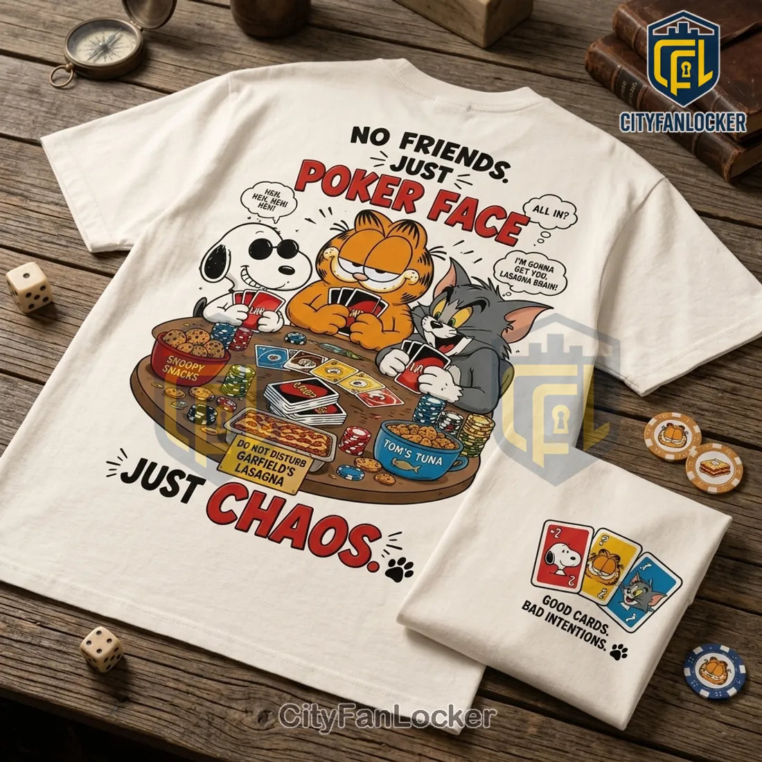 Snoopy Garfield Tom Playing Cards Beige T-Shirt