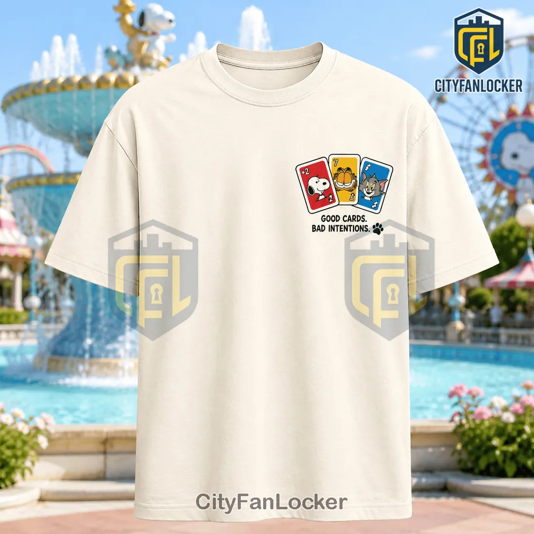 Snoopy Garfield Tom Playing Cards Beige T-Shirt