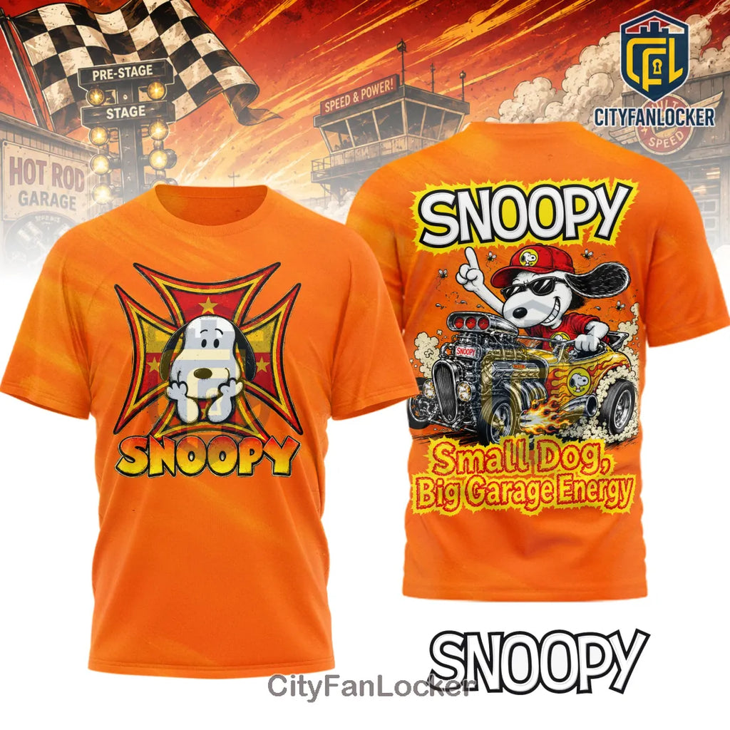 Snoopy Small Dog Big Garage Energy Orange Shirt
