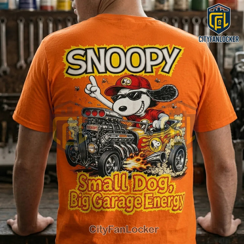 Snoopy Small Dog Big Garage Energy Orange Shirt