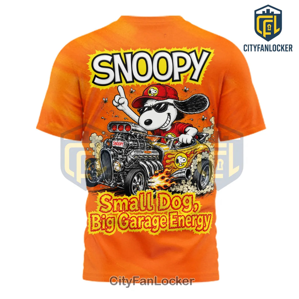 Snoopy Small Dog Big Garage Energy Orange Shirt