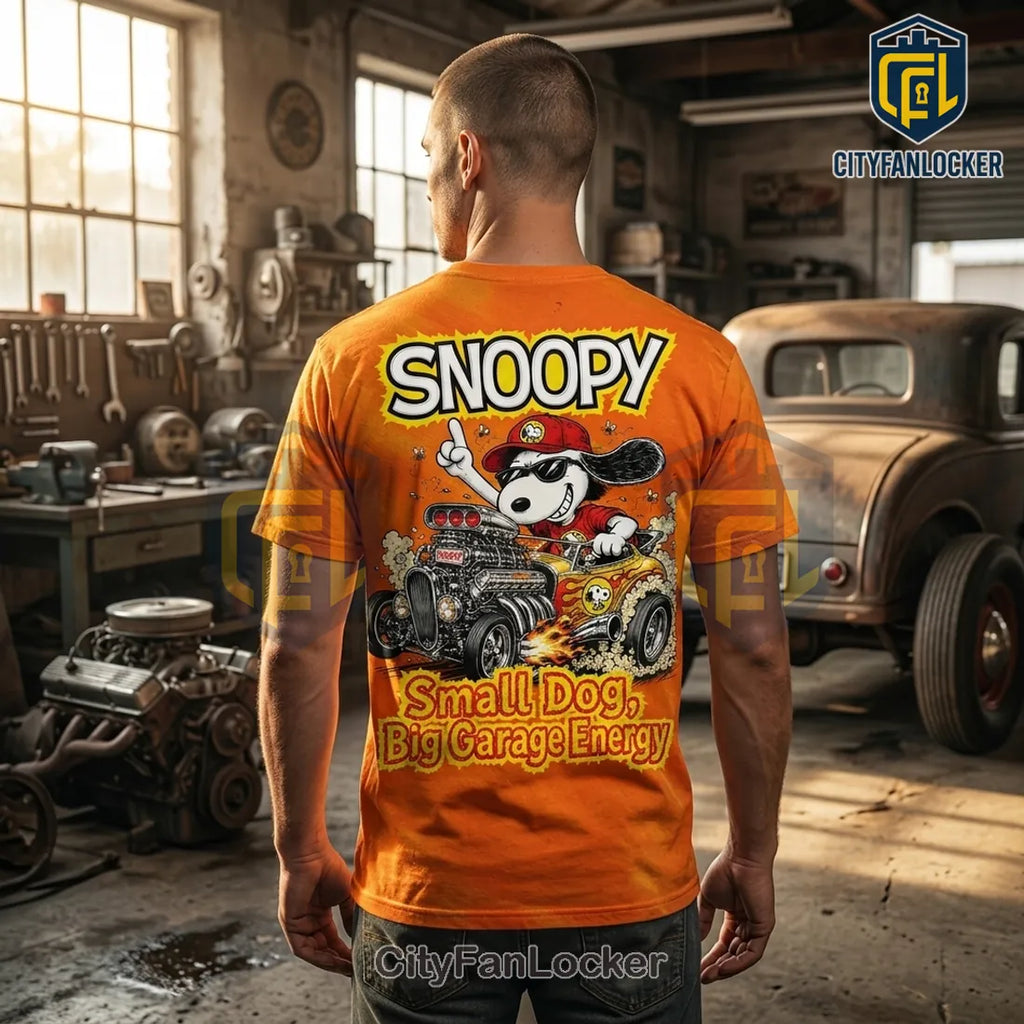 Snoopy Small Dog Big Garage Energy Orange Shirt