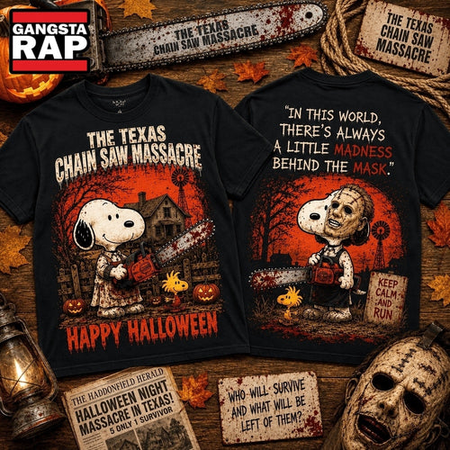 Snoopy Texas Chainsaw Halloween Madness Behind the Mask 3D Shirt , Music Trending 3D Shirt