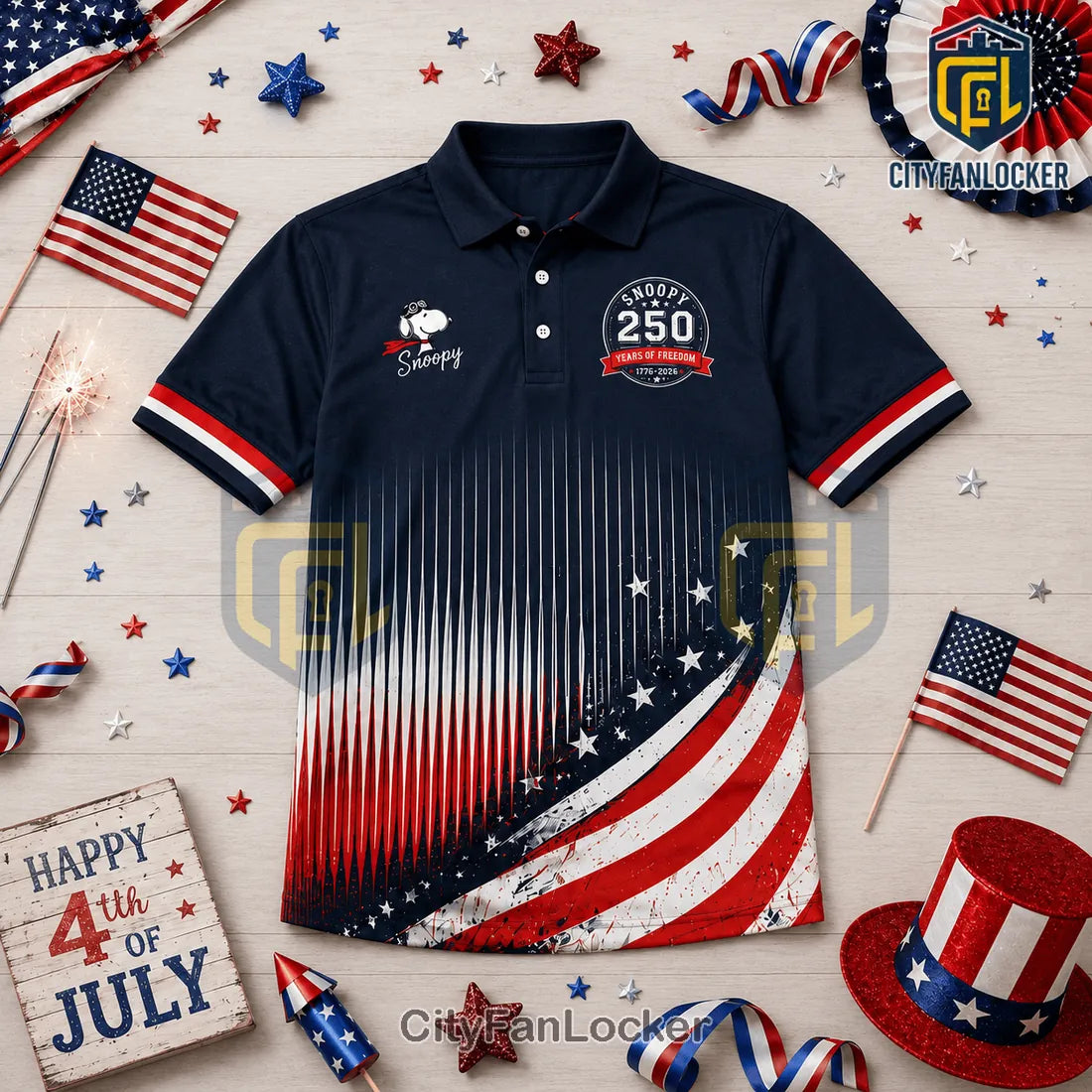 Snoopy USA 250 Years of Freedom Patriotic 1776-2026 Polo Shirt