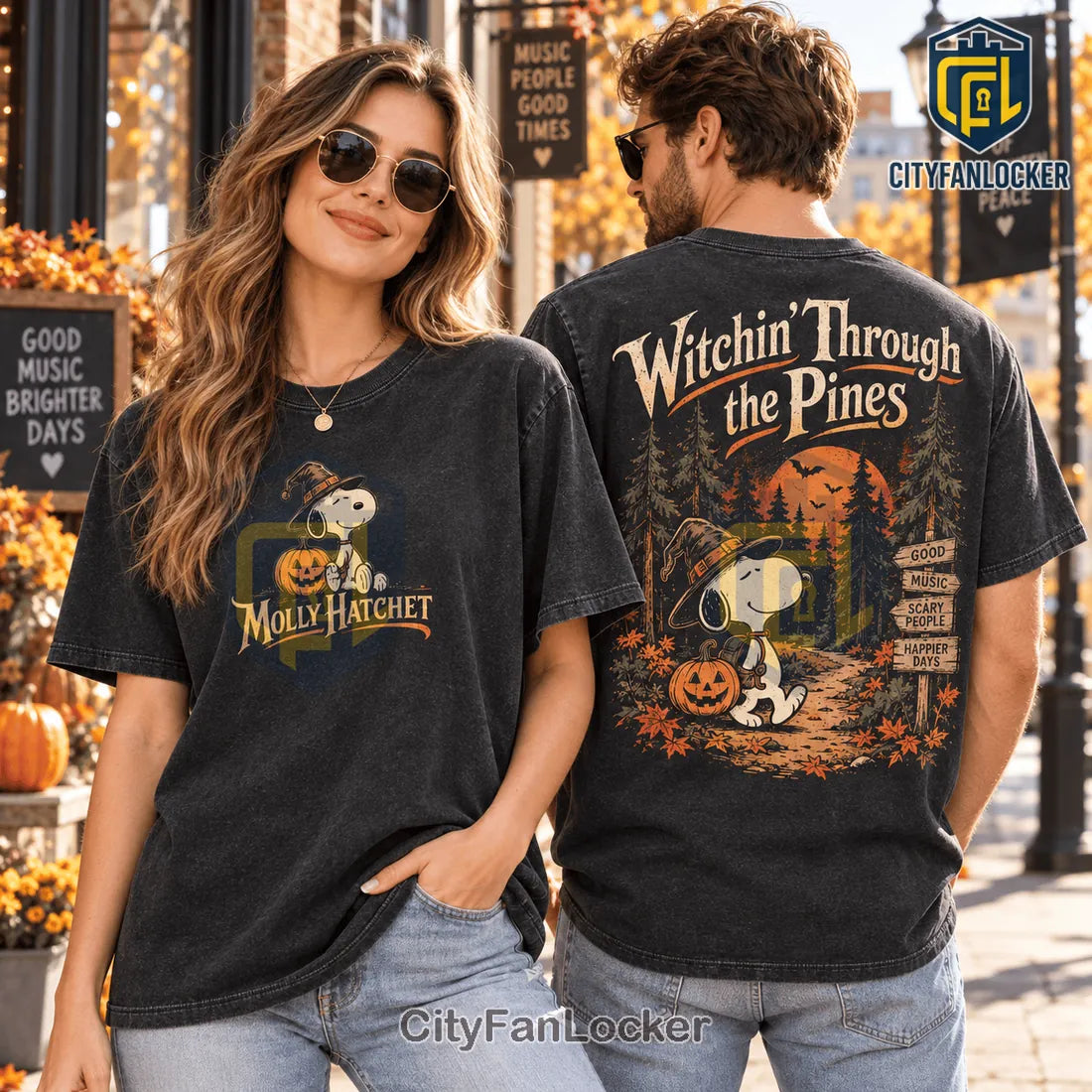 Snoopy Witchin Through the Pines Black T-Shirt