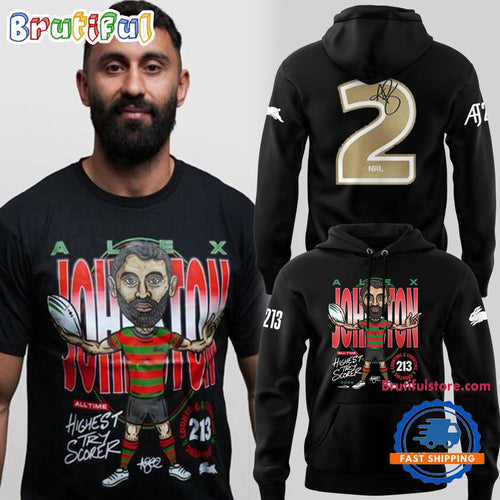 South Sydney Rabbitohs Alex Johnston Record Breaker Black Hoodie