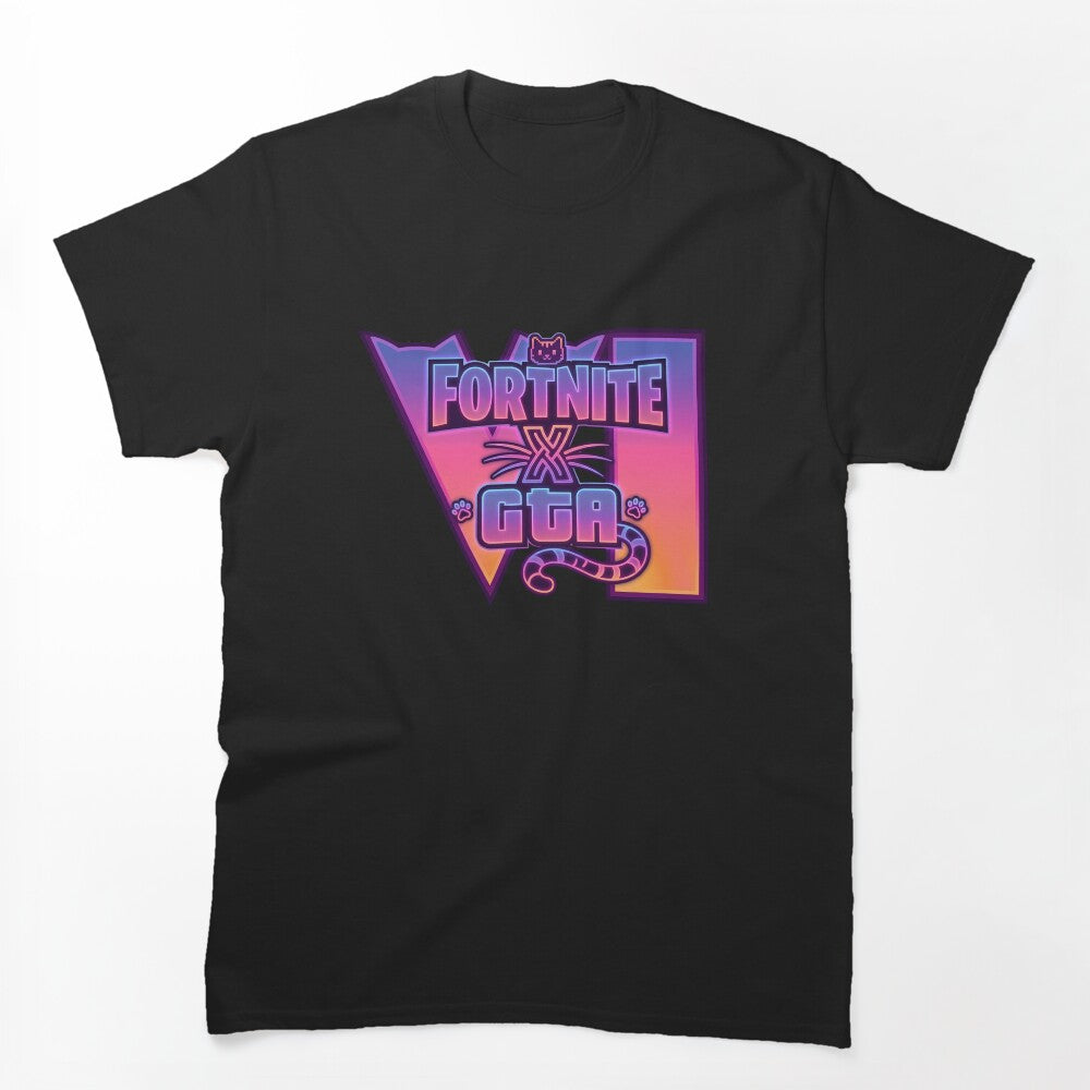 Epic Feline Gaming Crossover - Battle Royale X Grand Theft VI Neon Cat Shirt