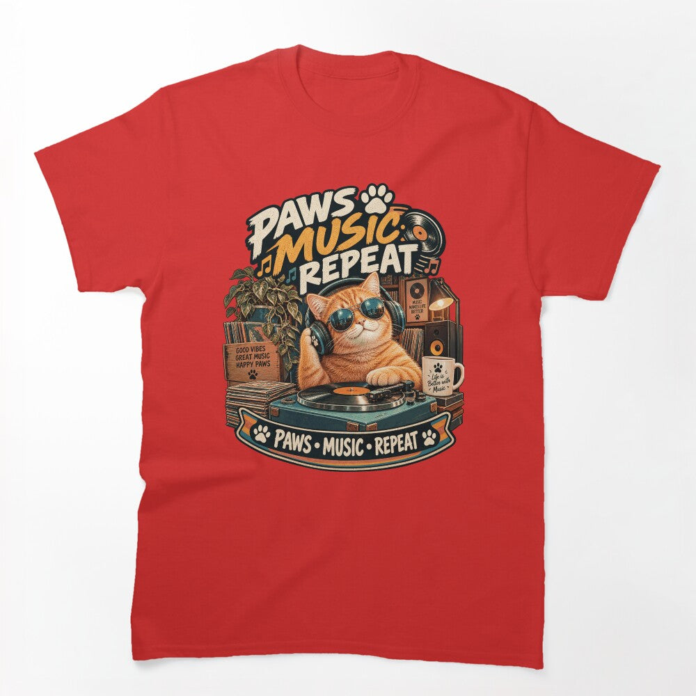 Paws Music Repeat Music Lover Cat Retro Vinyl Cat Design Shirt