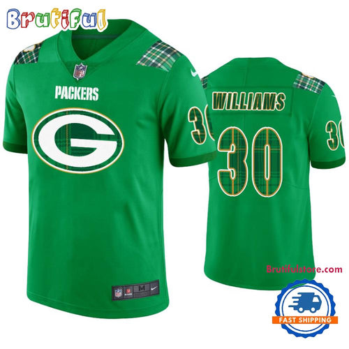 St. Patricks Day Green Bay Packers #30 Jamaal Williams Kelly Green Football Jersey