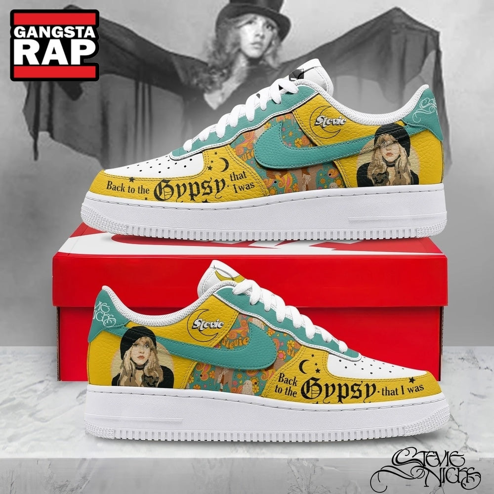 Stevie Nicks Custom Air Force 1 Shoes, Gypsy Lyrics Yellow Teal Graphic Sneakers, Music Air Force 1 Shoes