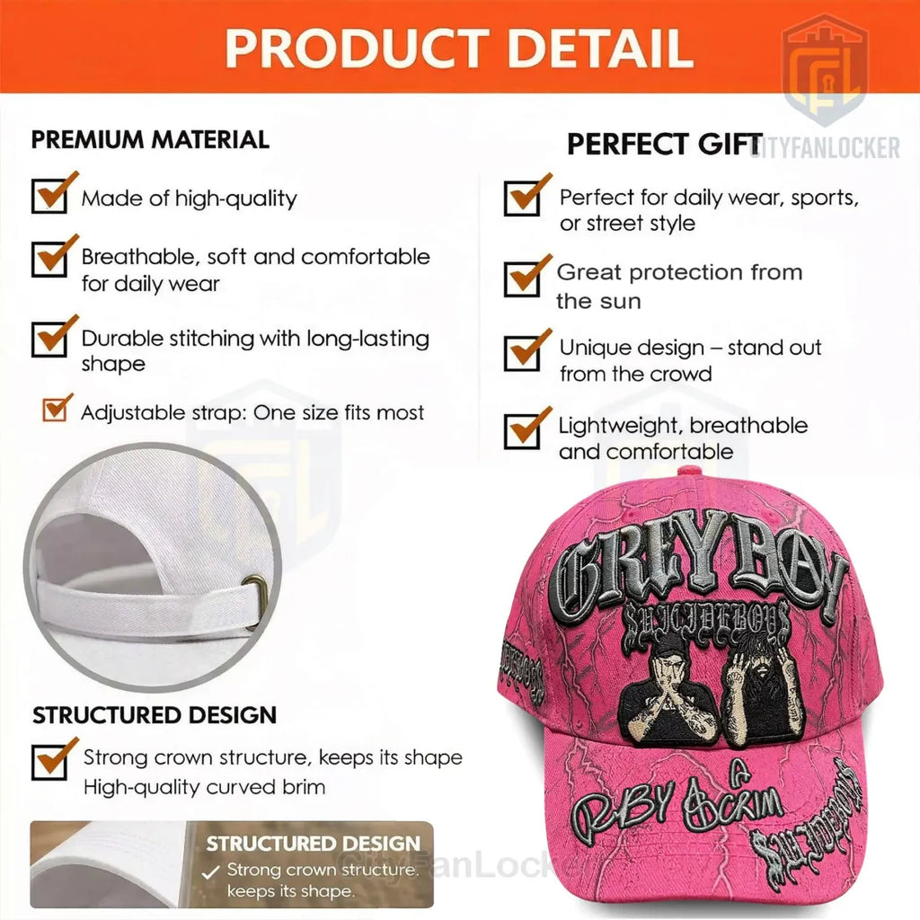 Suicideboys Grey Boy Pink Lightning 3D Embroidered Baseball Cap