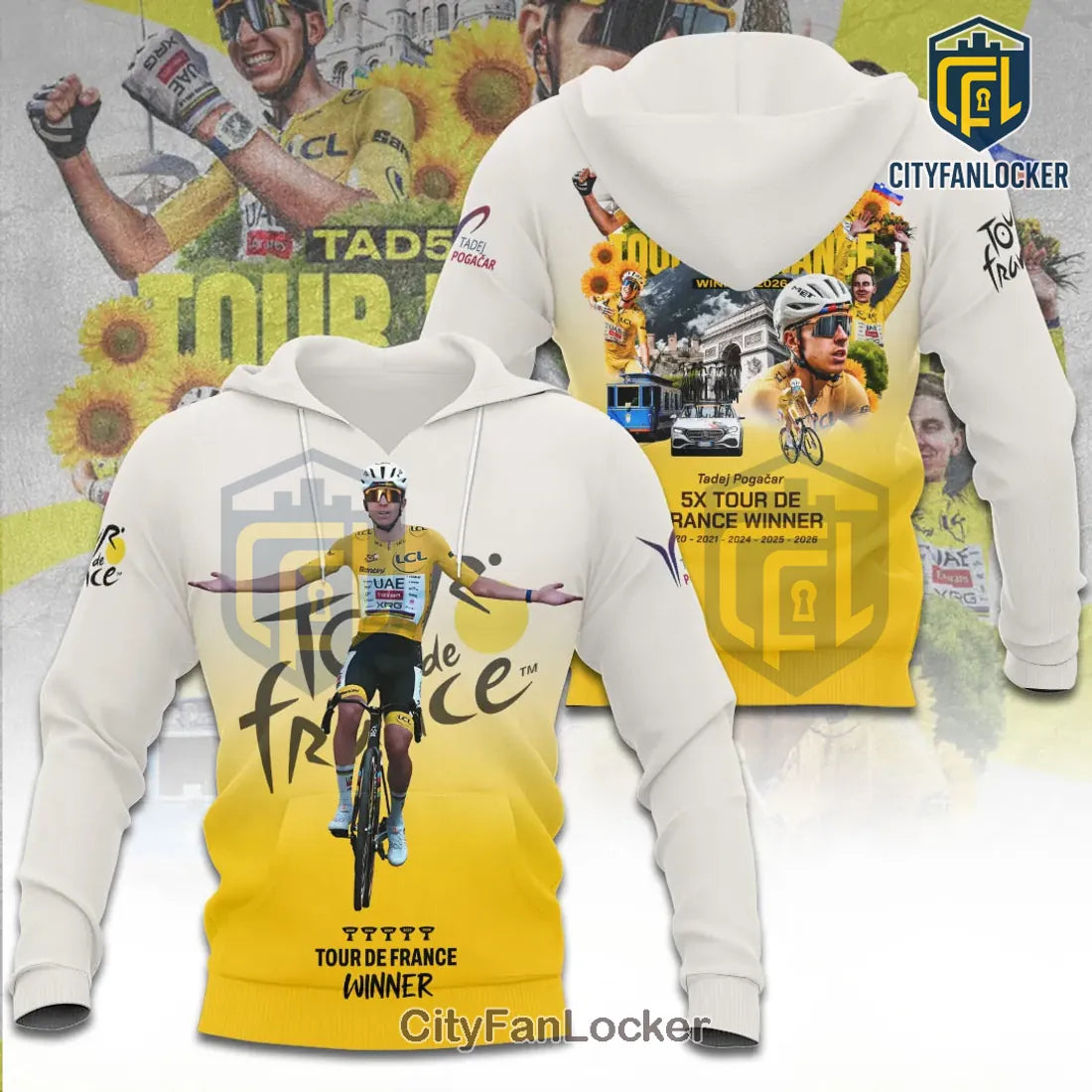 Tadej Pogacar 5x Tour de France Winner Yellow Hoodie