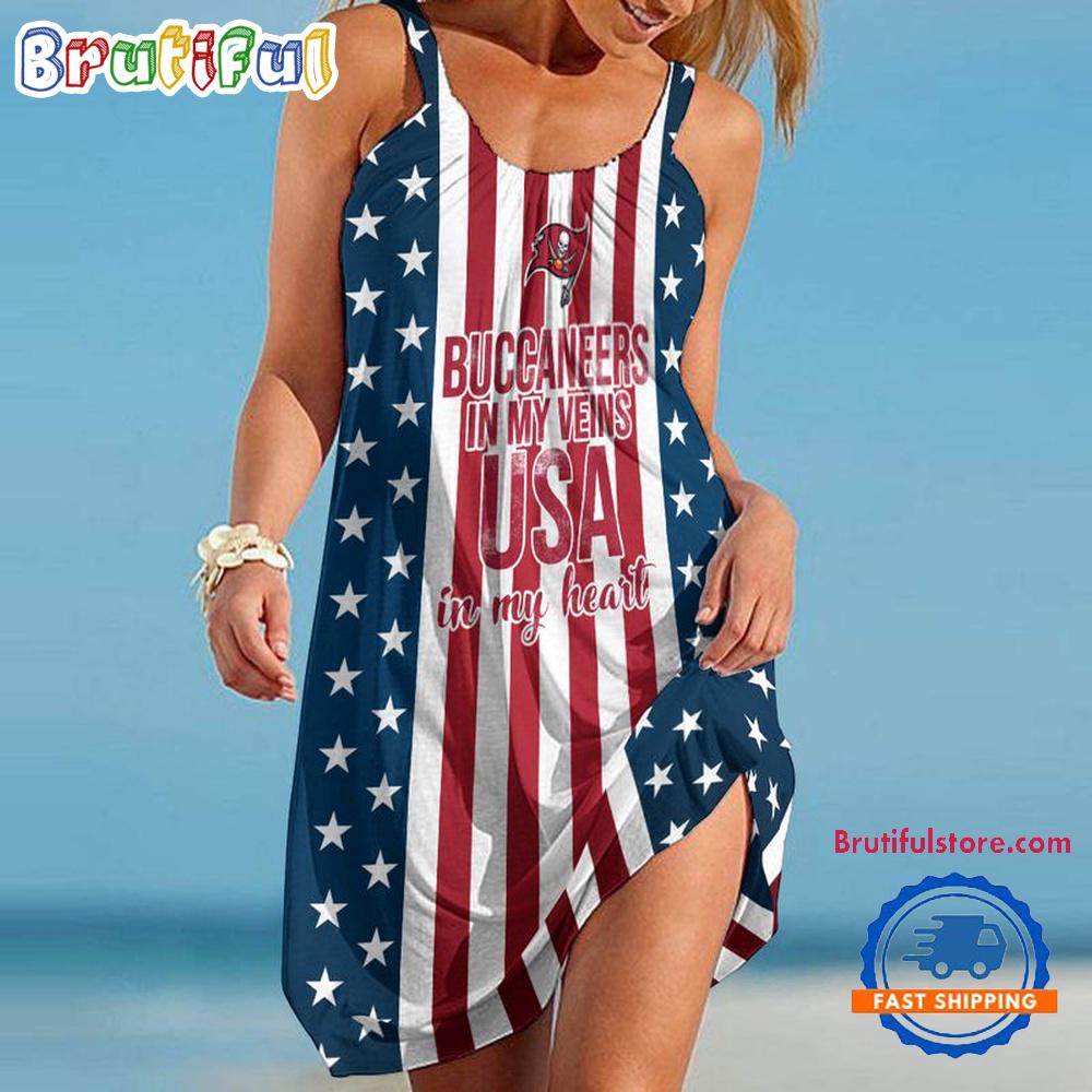 Tampa Bay Buccaneers In My Veins USA In My Heart Independence Day Women’s Summer Beach Sling Dress
