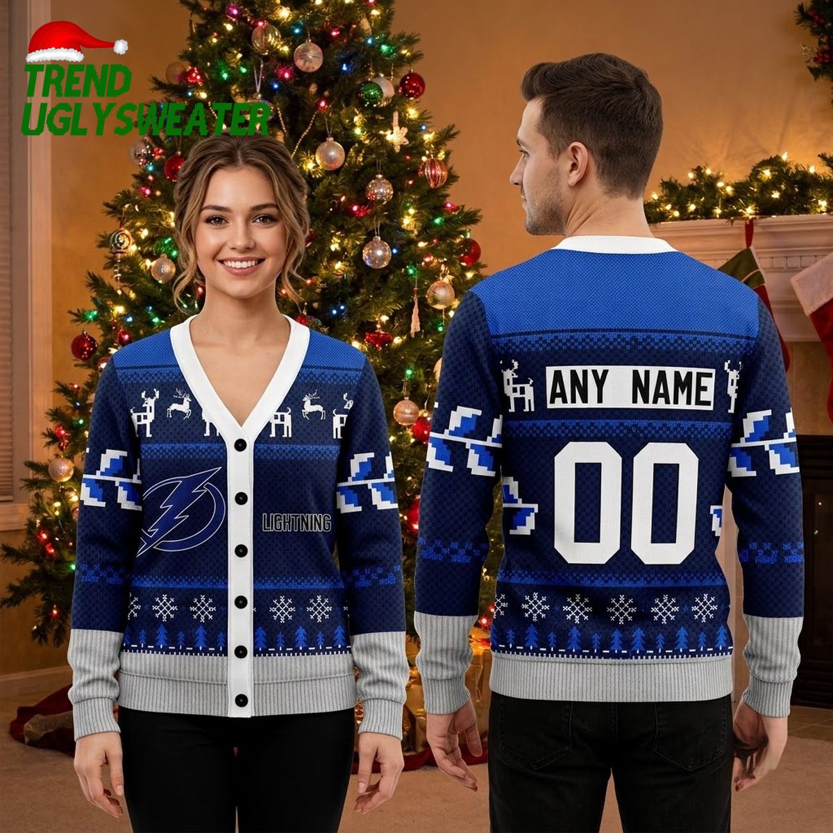 Tampa Bay Lightning Elk Pattern Custom Name And Number Ugly Christmas Sweater